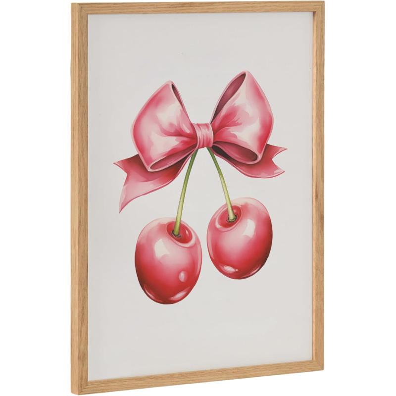 Kate and Laurel Coquette Preppy Retro Girly Red Pink Bow Cherries Framed Wall Art by The Creative Bunch Studio 12x16 Gold Cute Hair Bow Art for WallNatural  Red Bows