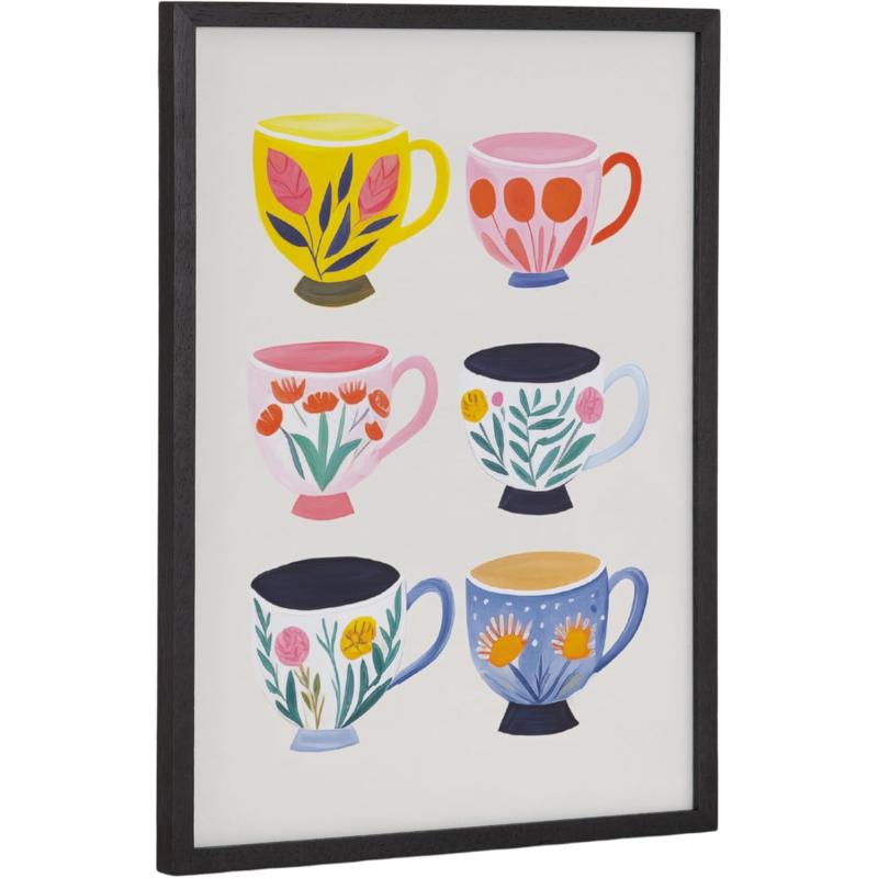 Kate and Laurel Modern Muted Cottage Floral Abstract Framed Wall Art by The Creative Bunch Studio 16x20 Black Cute Flower Art for WallBlack  Cups