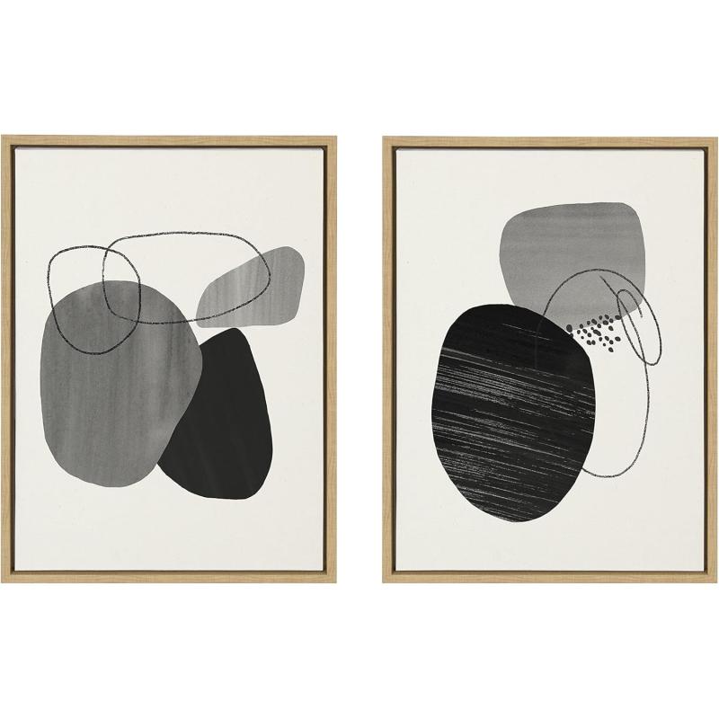 Kate and Laurel Sylvie Abstract Rocks Framed Linen Textured Canvas Wall Art Set by Teju Reval of SnazzyHues 2 Piece 18x24 Natural Black and White Abstract Print for WallNatural