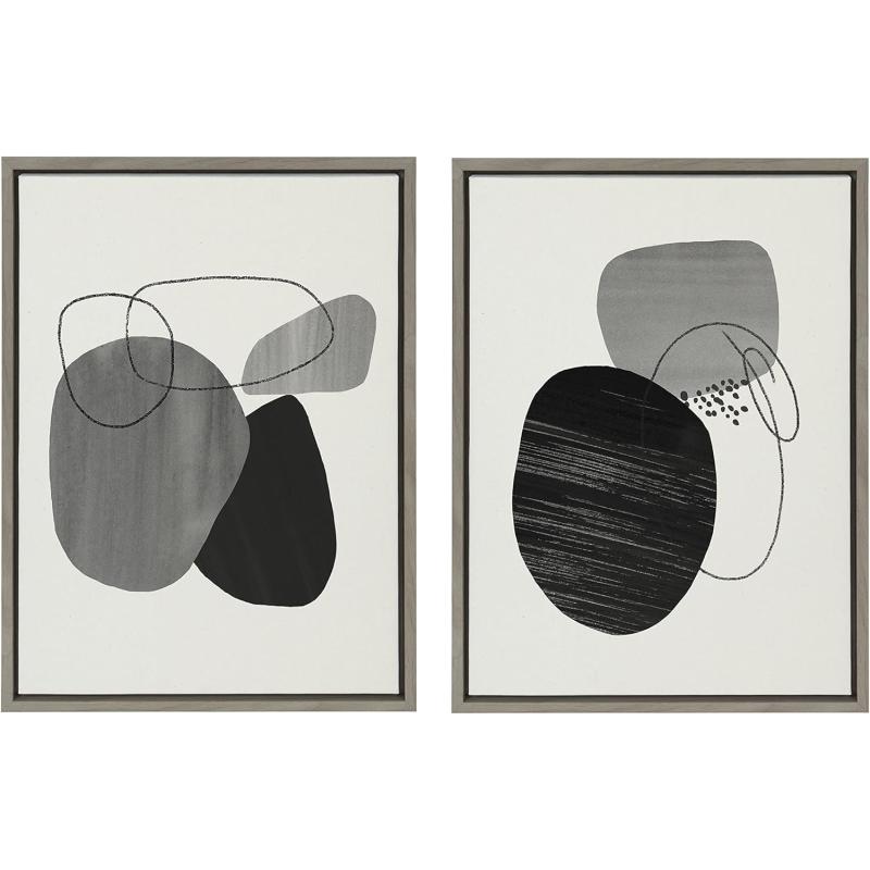 Kate and Laurel Sylvie Abstract Rocks Framed Linen Textured Canvas Wall Art Set by Teju Reval of SnazzyHues 2 Piece 18x24 Natural Black and White Abstract Print for WallGray