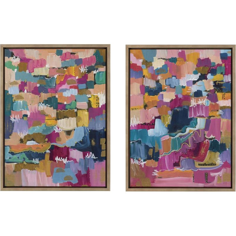 Kate and Laurel Sylvie Applause Framed Canvas Wall Art Set by Leah Nadeau Set of 2 18x24 Gold Decorative Colorful Abstract Art Print for WallGold
