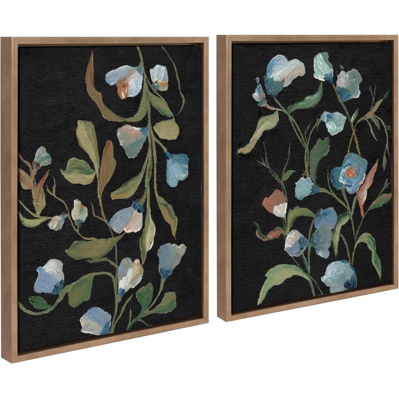 Kate and Laurel Sylvie Beaded Foliage I and Foliage III Vintage Framed Canvas Wall Art Set by Nikita Jariwala 2 Piece Set 28x38 Gold Blue Flowers Art for WallGold