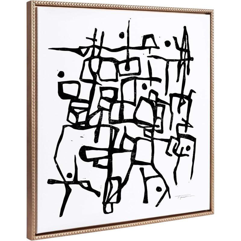 Kate and Laurel Sylvie Beaded Organic Lines Black and White Abstract Vintage Framed Canvas Wall Art by Statement Goods 30x30 Gold Black and White Abstract Art for Wall