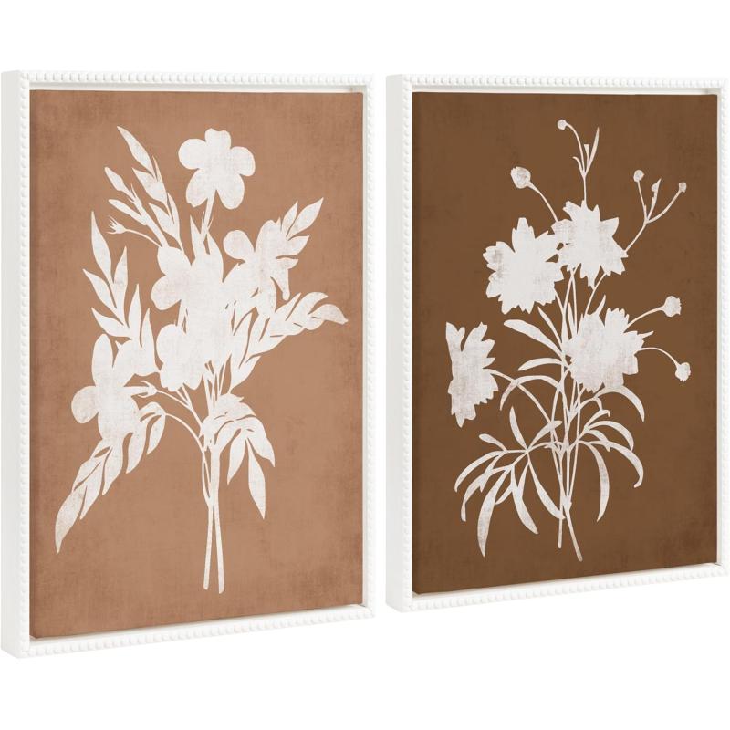 Kate and Laurel Sylvie Beaded Spring Floral Silhouette 2 Clay White and Spring Floral Silhouette 11 Bark White Vintage Framed Canvas Wall Art Set by Heather Dutton 2 Piece Set 18x24 White Flower Art
