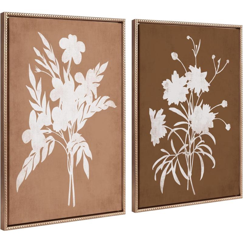Kate and Laurel Sylvie Beaded Spring Floral Silhouette 2 Clay White and Spring Floral Silhouette 11 Bark White Vintage Framed Canvas Wall Art Set by Heather Dutton 2 Piece Set 23x33 Gold Flower Art
