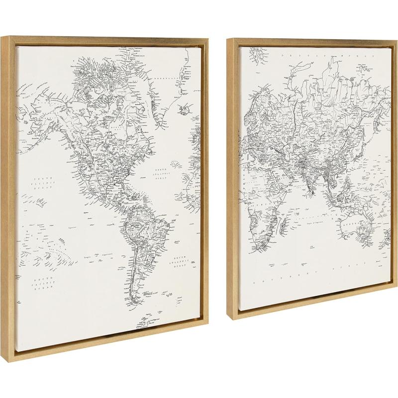 Kate and Laurel Sylvie Black and White Modern Retro World Map Framed Canvas Wall Art Set by The Creative Bunch Studio 2 Piece 18x24 Gold Vintage Map Art for Wall