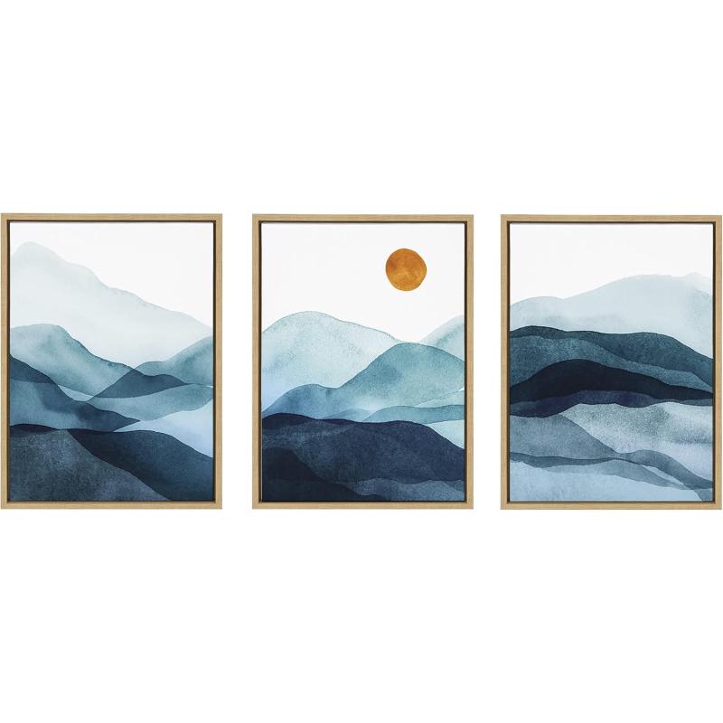 Kate and Laurel Sylvie Blue Mountain Range Framed Canvas Wall Art Set by Amy Lighthall Set of 3 18x24 Natural Decorative Landscape Art for Wall