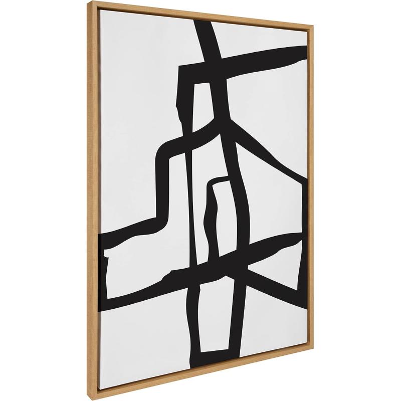 Kate and Laurel Sylvie Bold Sophisticated Abstract Black Stroke Framed Canvas Wall Art by The Creative Bunch Studio 28x38 Natural Contemporary Brushtrokes Modern Art for WallNatural