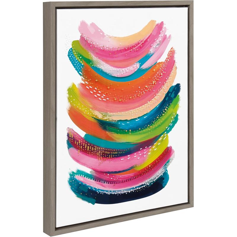 Kate and Laurel Sylvie Bright Abstract Framed Canvas Wall Art by Jessi Raulet of Ettavee 18x40 Gray Modern Colorful Brushstrokes Art for WallGray