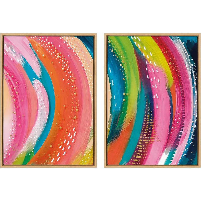 Kate and Laurel Sylvie Bright Abstract Left and Right Framed Canvas Wall Art Set by Jessi Raulet of Ettavee 2 Piece 23x33 Natural Colorful Abstract Brushstroke Art for WallNatural