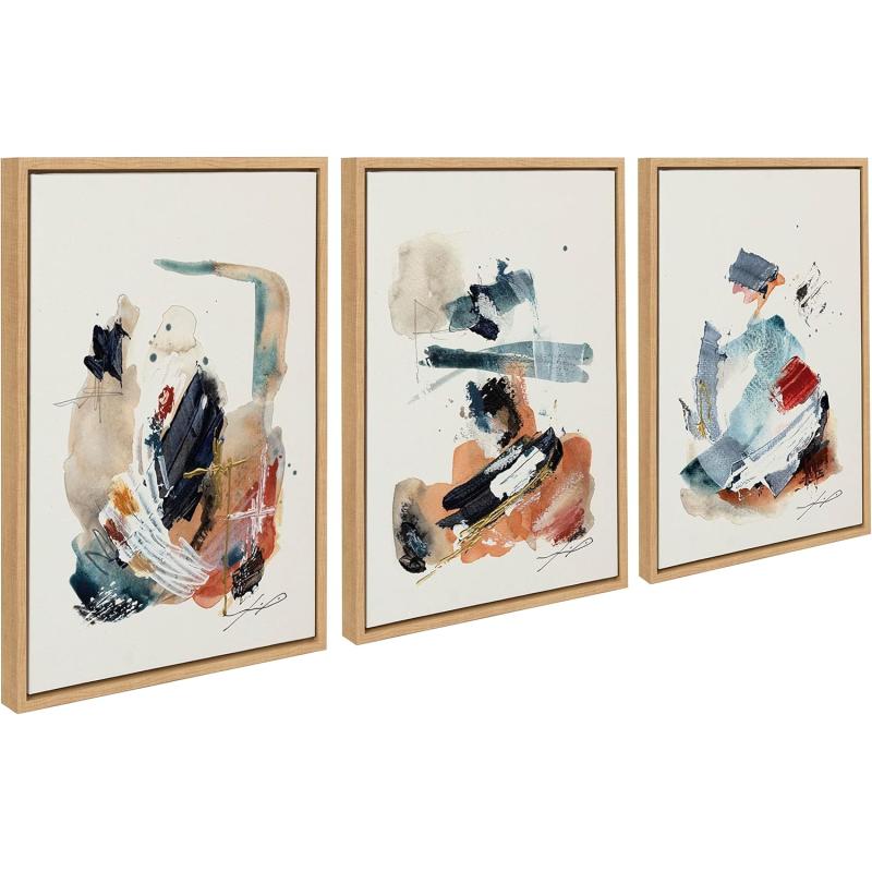 Kate and Laurel Sylvie By The Fireplace Series Framed Canvas Wall Art Set by Xizhou Xie 3 Piece Set Gold Modern Abstract Colorful Brushstrokes Art for WallNatural