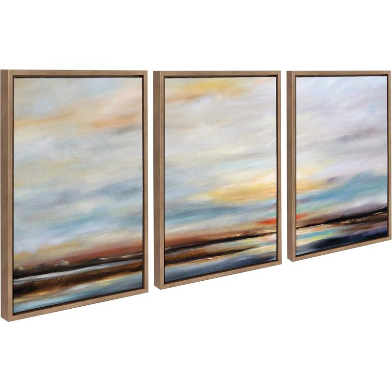 Kate and Laurel Sylvie Carolina Sunset Triptych Framed Canvas Wall Art Set by Mary Sparrow 3 Piece Set Gold Natural Beach Landscape Art Set for Home Wall Decor