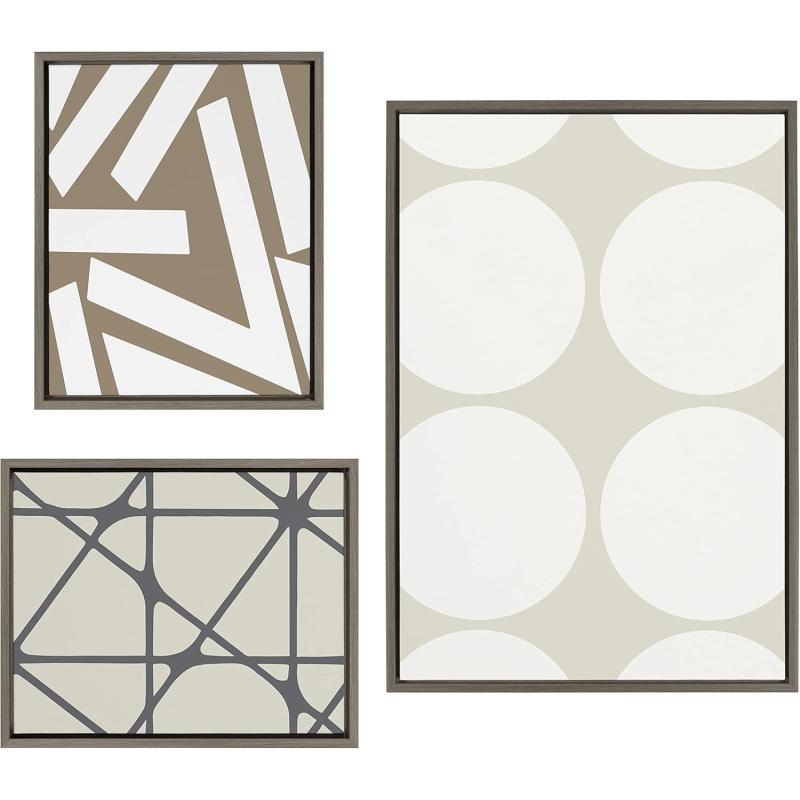 Kate and Laurel Sylvie Elevated Modern Neutral Dots Pattern No 2 and Stained Glass Framed Canvas Wall Art Set by The Creative Bunch Studio Set of 3 16x20 and 23x33 Natural Abstract Wall DcorGray