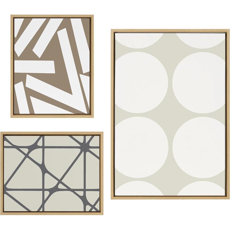 Kate and Laurel Sylvie Elevated Modern Neutral Dots Pattern No 2 and Stained Glass Framed Canvas Wall Art Set by The Creative Bunch Studio Set of 3 16x20 and 23x33 Natural Abstract Wall DcorNatural