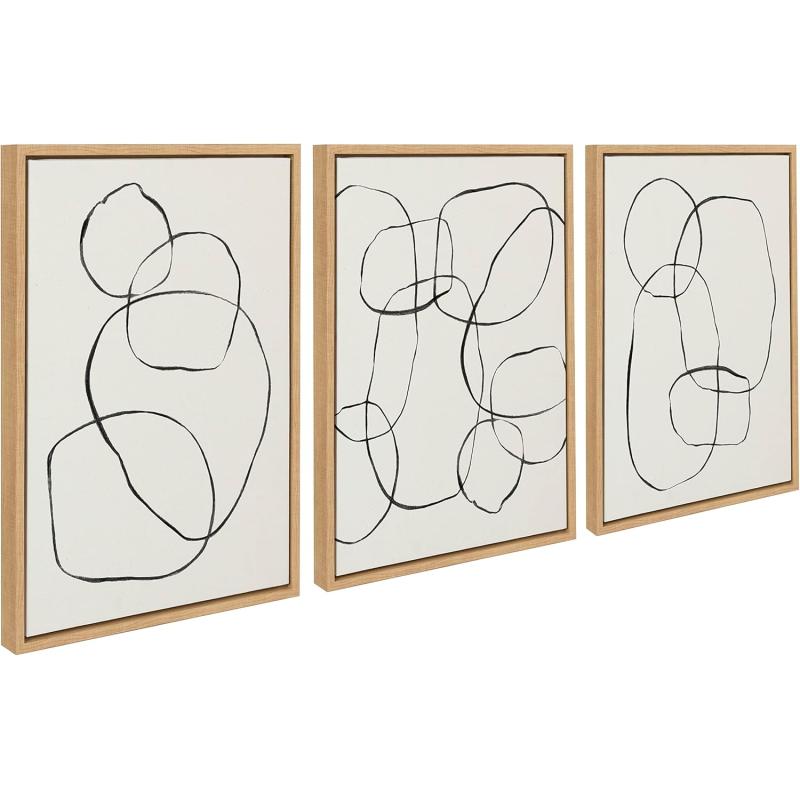 Kate and Laurel Sylvie Going in Circles Dancing Circles and Modern Circles Framed Linen Textured Canvas Art Set by Teju Reval of SnazzyHues 3 Piece Set 18x24 Natural Minimalist Neutral Wall ArtNatural