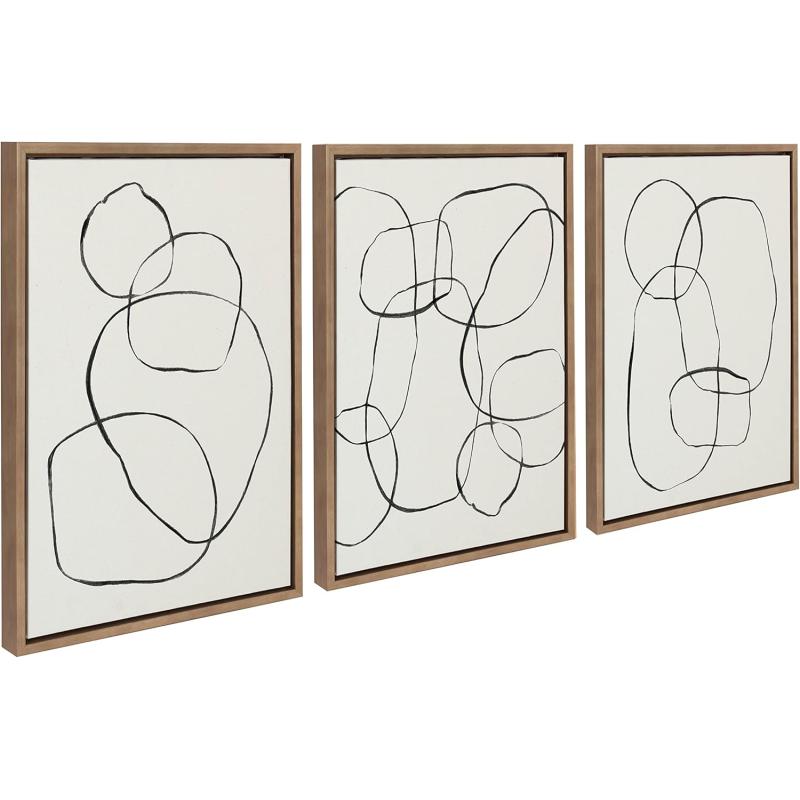 Kate and Laurel Sylvie Going in Circles Dancing Circles and Modern Circles Framed Linen Textured Canvas Art Set by Teju Reval of SnazzyHues 3 Piece Set 18x24 Natural Minimalist Neutral Wall ArtGold
