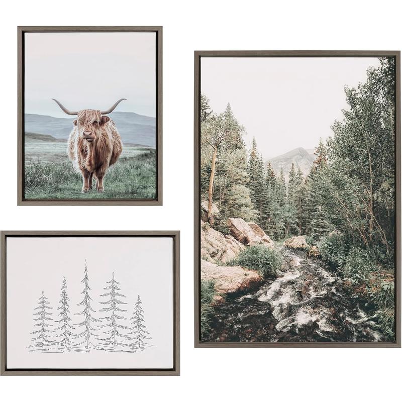 Kate and Laurel Sylvie Meet Me Here Highland Cow Mountain Landscape and Minimalist Evergreen Trees Framed Canvas Wall Art Set by Various Artists Set of 3 two 16x20 and one 23x33 Natural FramesGray