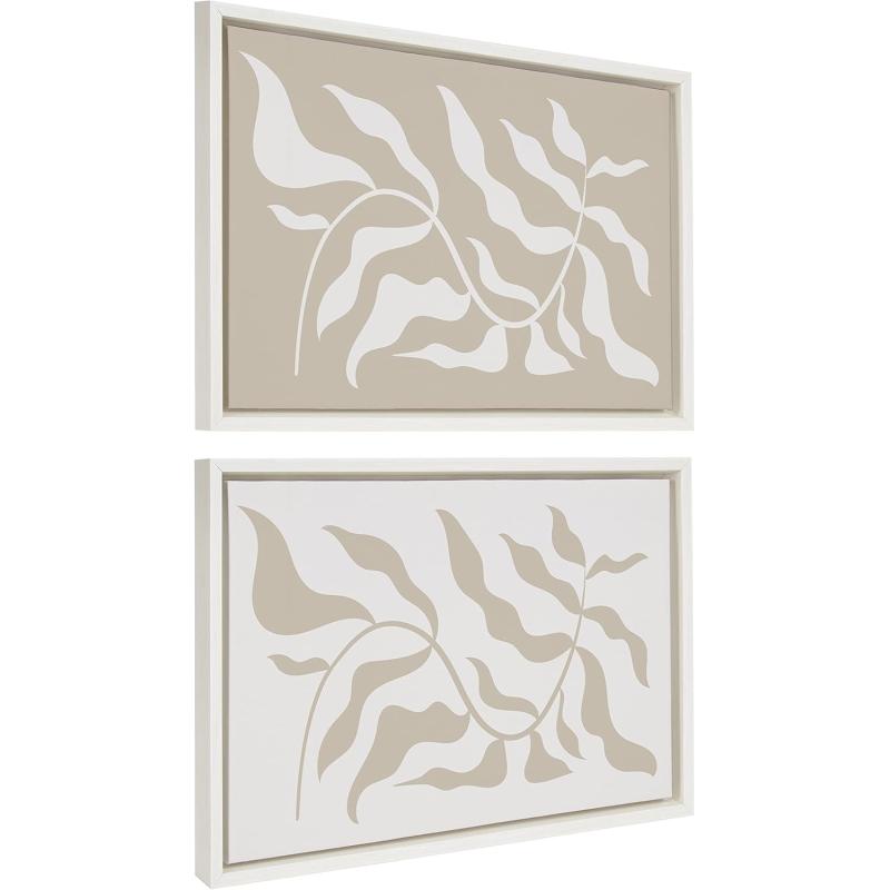 Kate and Laurel Sylvie Modern Matisse Inspired Botanical White on Beige and Beige on White Framed Canvas Set by The Creative Bunch Studio 2 Piece Set 18x24 White Modern Neutral Beige Wall Dcor Set