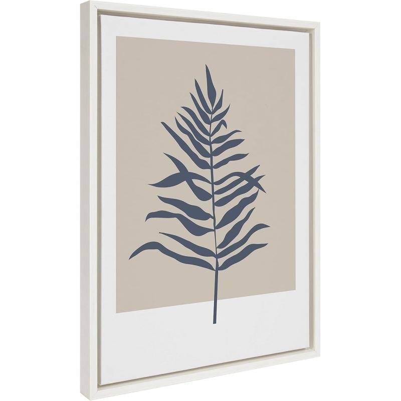 Kate and Laurel Sylvie Muted Tan and Blue Colorblock Botanical Fern Framed Canvas Wall Art by The Creative Bunch Studio 18x24 White Decorative Simple Plant Art for WallWhite