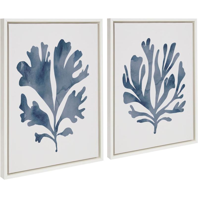 Kate and Laurel Sylvie Sophisticated Neutral Coral Blue 1 and 2 Framed Canvas Wall Art Set by The Creative Bunch Studio 2 Piece 18x24 White Soft Coastal Art for WallWhite
