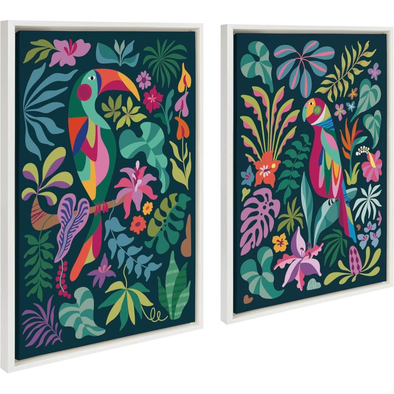 Kate and Laurel Sylvie Tropical Parrot and Tropical Toucan Framed Canvas Wall Art Set by Rachel Lee 2 Piece Set 23x33 White Vibrant Colorful Bird Art for Wall
