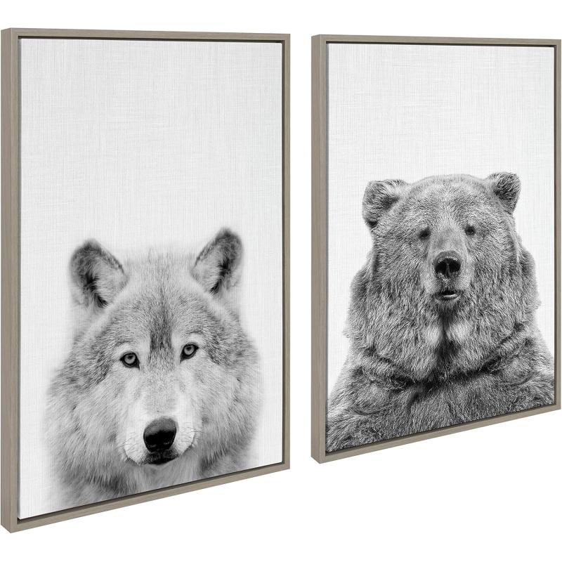 Kate and Laurel Sylvie Wolf and Bear European Framed Canvas Wall Art Set by Simon Te of Tai Prints 2 piece 18x24 Natural Modern Nature Animals Art for Wall Home DecorGray