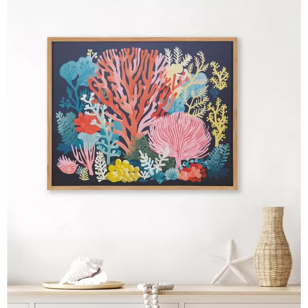 Kate and Laurel Abstract Coastal Blue Coral Framed Wall Art by The Creative Bunch Studio 12x16 Gold Modern Soft Beach Art for WallNatural  Bright Coral
