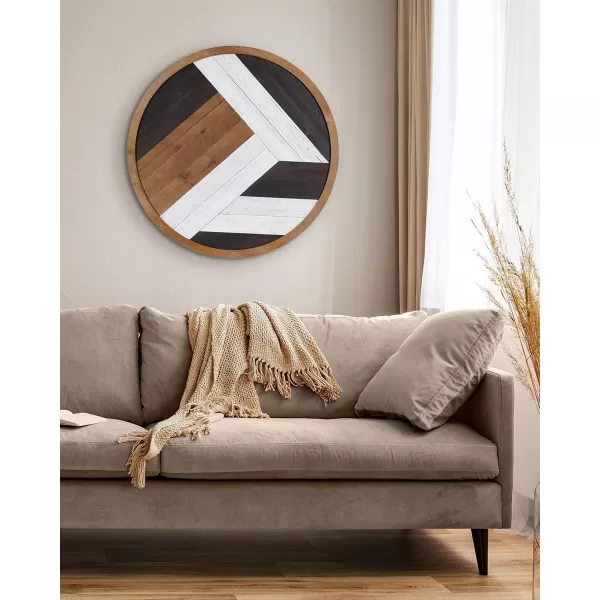 Kate and Laurel Ballez Boho Shiplap Wood Plank Art Plaque 28  Inch Diameter Multicolored Decorative Rustic Round Wooden Art for WallRustic BrownBlack