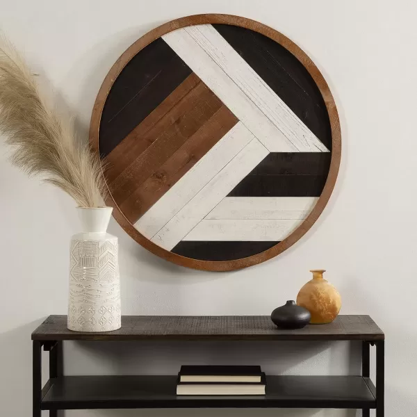 Kate and Laurel Ballez Boho Shiplap Wood Plank Art Plaque 28  Inch Diameter Multicolored Decorative Rustic Round Wooden Art for WallRustic BrownBlack