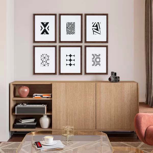 Kate and Laurel Calter 6 Framed Modern Black and White Geometric Abstract Art Prints BlackWalnut Brown
