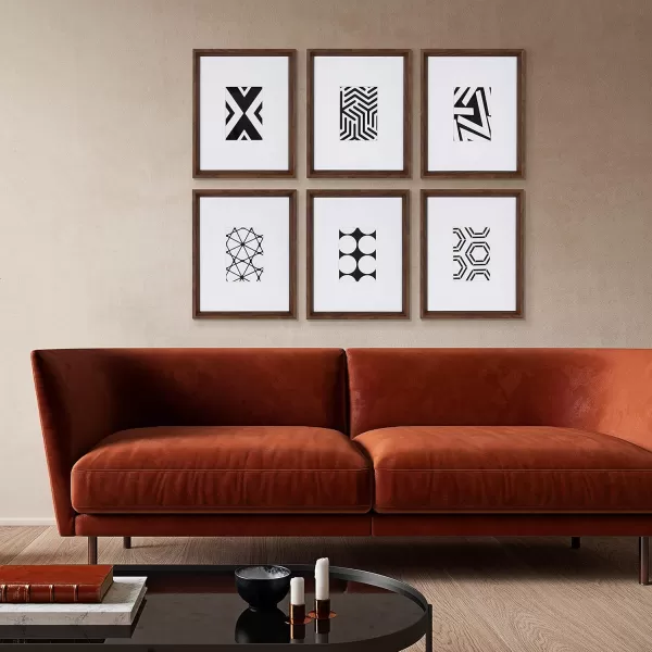 Kate and Laurel Calter 6 Framed Modern Black and White Geometric Abstract Art Prints BlackWalnut Brown