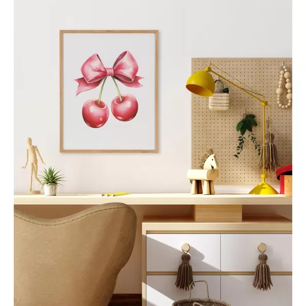 Kate and Laurel Coquette Preppy Retro Girly Red Pink Bow Cherries Framed Wall Art by The Creative Bunch Studio 12x16 Gold Cute Hair Bow Art for WallNatural  Red Bows