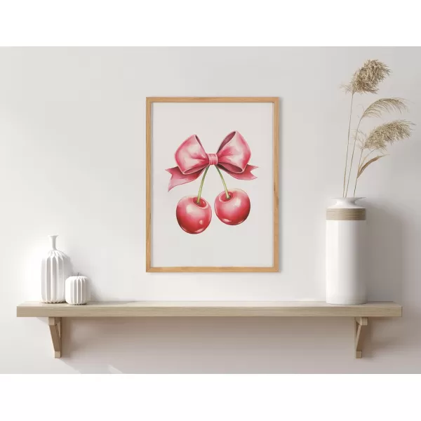 Kate and Laurel Coquette Preppy Retro Girly Red Pink Bow Cherries Framed Wall Art by The Creative Bunch Studio 12x16 Gold Cute Hair Bow Art for WallNatural  Red Bows