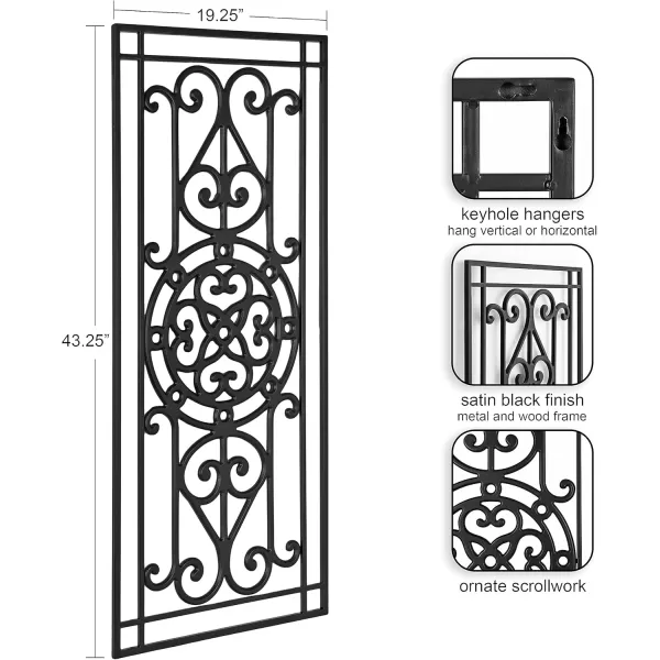 Kate and Laurel Ellard Farmhouse Rectangle Wall Art Plaque 20 x 44 Black Traditional Panel Decorative Wall Plaque with Ornate Painted Wooden Scrollwork and Sturdy Metal Frame