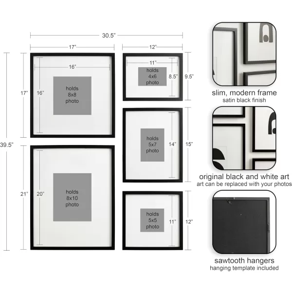 Kate and Laurel Gallery Contemporary Rectangle Minimal Graphic Framed Art Set of 5 Varying Sizes Black Modern FivePiece Framed Wall Art for Gallery Wall Frame Set in Living Room Wall DecorBlack