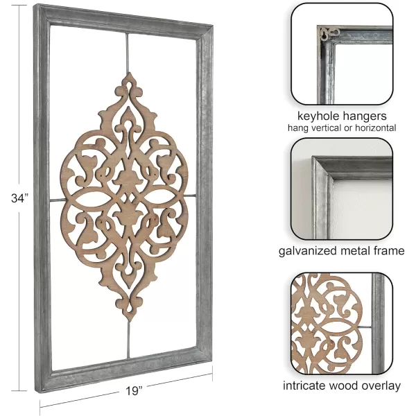 Kate and Laurel Headlow Rectangle Mixed Materials Wall Art Plaque with Carved Wooden Design and Galvanized Metal Frame 19x34 Rustic Brown