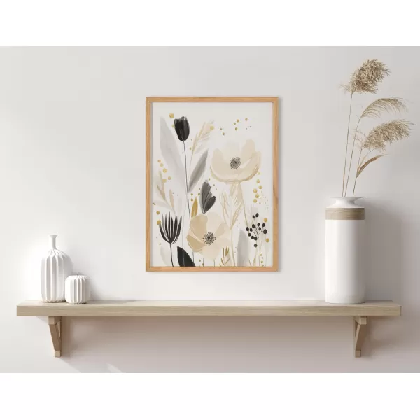 Kate and Laurel Modern Muted Cottage Floral Abstract Framed Wall Art by The Creative Bunch Studio 16x20 Black Cute Flower Art for WallNatural  Cottage Floral