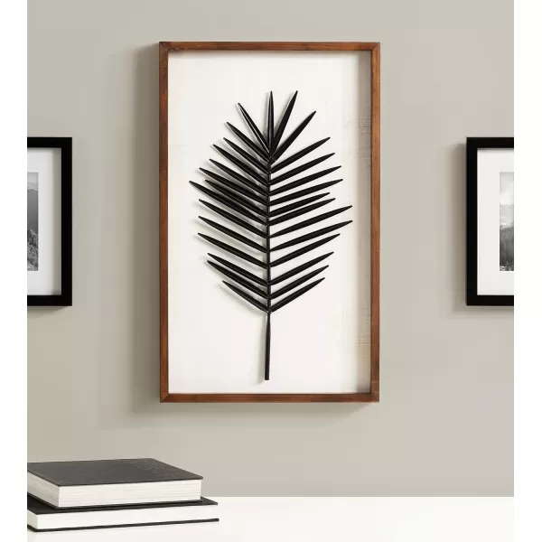 Kate and Laurel Pindo Modern Decorative Metal Leaf Wall Art Plaque with Wooden Frame 15x24 Rustic Brown