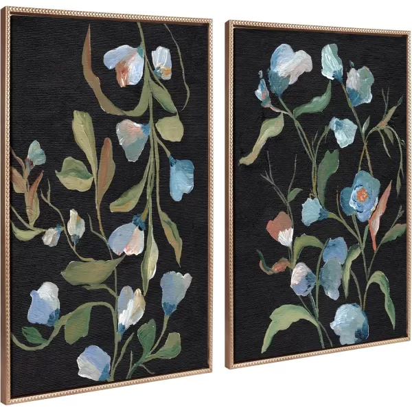 Kate and Laurel Sylvie Beaded Foliage I and Foliage III Vintage Framed Canvas Wall Art Set by Nikita Jariwala 2 Piece Set 28x38 Gold Blue Flowers Art for WallGold