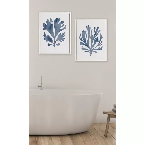 Kate and Laurel Sylvie Beaded Sophisticated Neutral Coral Blue 1 and Sophisticated Neutral Coral Blue 2 Framed Canvas Wall Art Set by The Creative Bunch Studio 2 Piece Set 18x24 White Light Blue Art