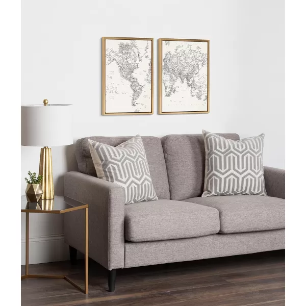 Kate and Laurel Sylvie Black and White Modern Retro World Map Framed Canvas Wall Art Set by The Creative Bunch Studio 2 Piece 18x24 Gold Vintage Map Art for Wall