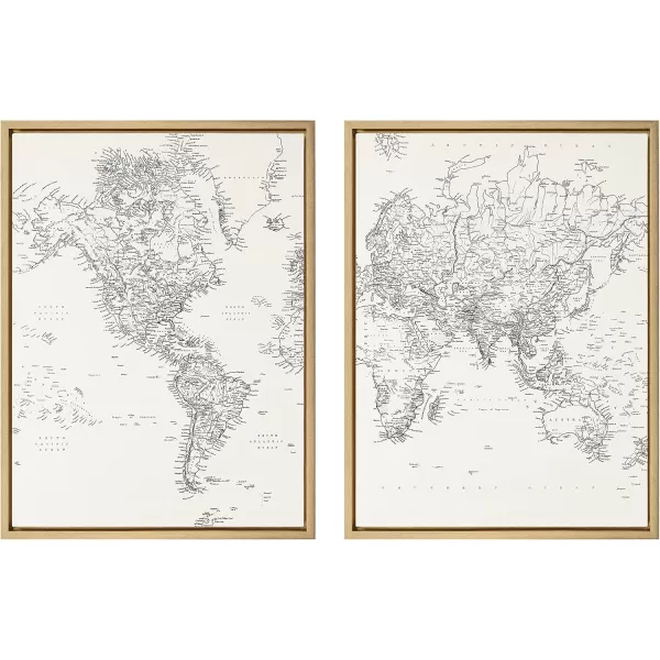 Kate and Laurel Sylvie Black and White Modern Retro World Map Framed Canvas Wall Art Set by The Creative Bunch Studio 2 Piece 18x24 Gold Vintage Map Art for Wall