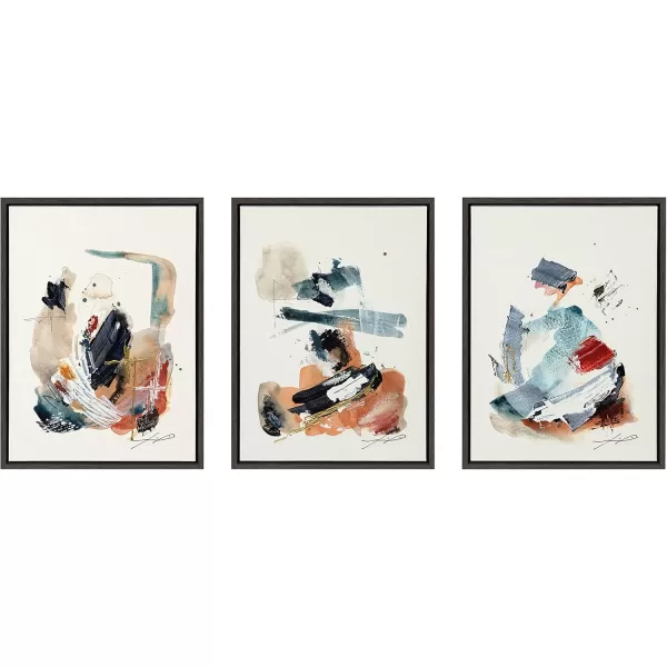 Kate and Laurel Sylvie By The Fireplace Series Framed Canvas Wall Art Set by Xizhou Xie 3 Piece Set Gold Modern Abstract Colorful Brushstrokes Art for WallGray