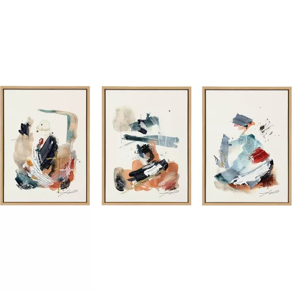 Kate and Laurel Sylvie By The Fireplace Series Framed Canvas Wall Art Set by Xizhou Xie 3 Piece Set Gold Modern Abstract Colorful Brushstrokes Art for WallNatural