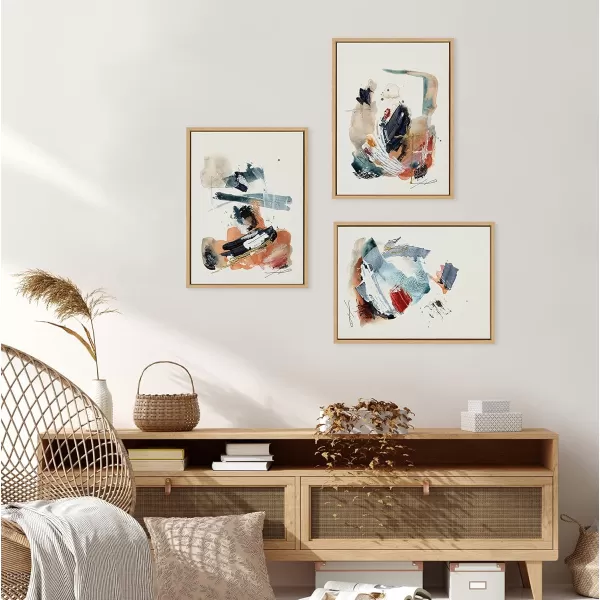 Kate and Laurel Sylvie By The Fireplace Series Framed Canvas Wall Art Set by Xizhou Xie 3 Piece Set Gold Modern Abstract Colorful Brushstrokes Art for WallNatural