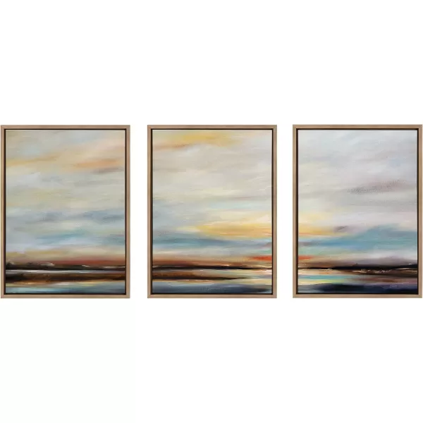 Kate and Laurel Sylvie Carolina Sunset Triptych Framed Canvas Wall Art Set by Mary Sparrow 3 Piece Set Gold Natural Beach Landscape Art Set for Home Wall Decor