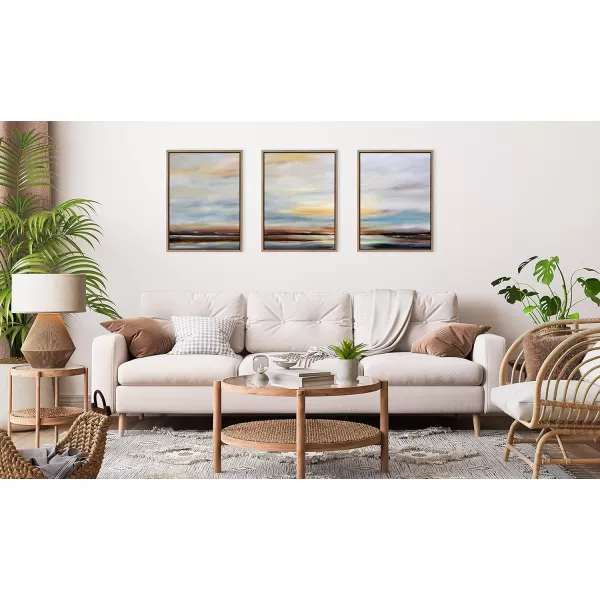 Kate and Laurel Sylvie Carolina Sunset Triptych Framed Canvas Wall Art Set by Mary Sparrow 3 Piece Set Gold Natural Beach Landscape Art Set for Home Wall Decor