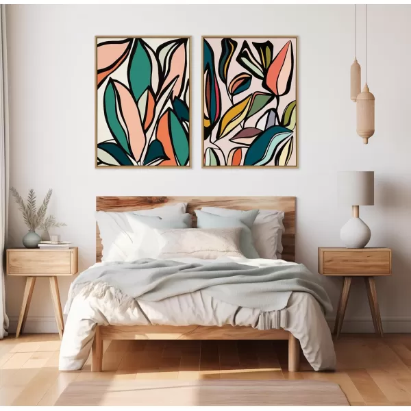 Kate and Laurel Sylvie Fanciful Ficus 2 Framed Canvas Wall Art by Alicia Bock 18x24 Natural Colorful Plant Leaves Art for WallNatural