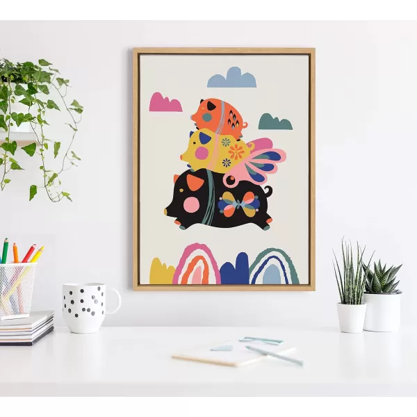 Kate and Laurel Sylvie Flying Pigs Framed Canvas Wall Art by Rachel Lee of My Dream Wall 18x24 Natural Whimsical Abstract Animal Art
