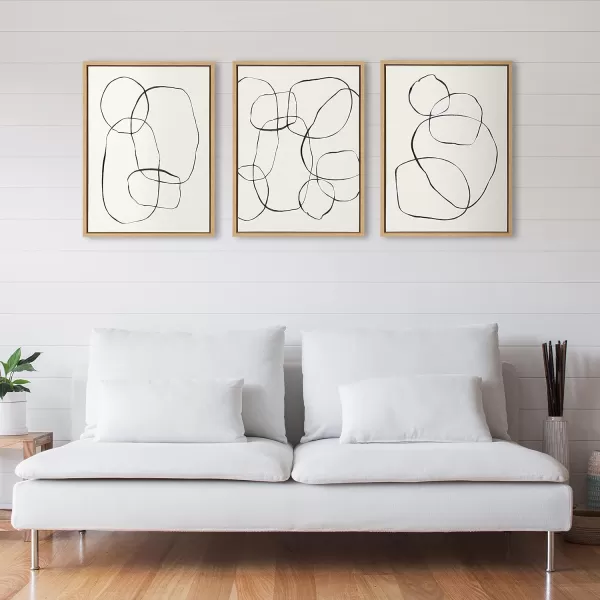 Kate and Laurel Sylvie Going in Circles Dancing Circles and Modern Circles Framed Linen Textured Canvas Art Set by Teju Reval of SnazzyHues 3 Piece Set 18x24 Natural Minimalist Neutral Wall ArtNatural